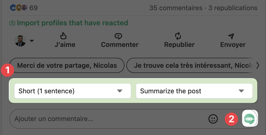 Paramètres du commentaire