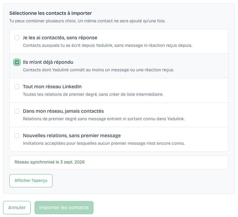 Signal « Ils m’ont déjà répondu » sélectionné dans Yadulink