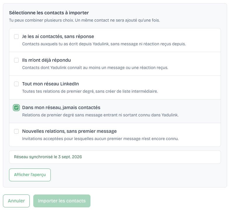 Option « Dans mon réseau, jamais contactés » cochée dans Yadulink