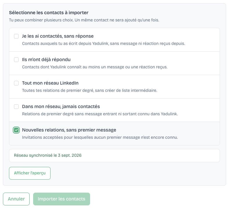 Signal « Nouvelles relations, sans premier message » sélectionné dans Yadulink