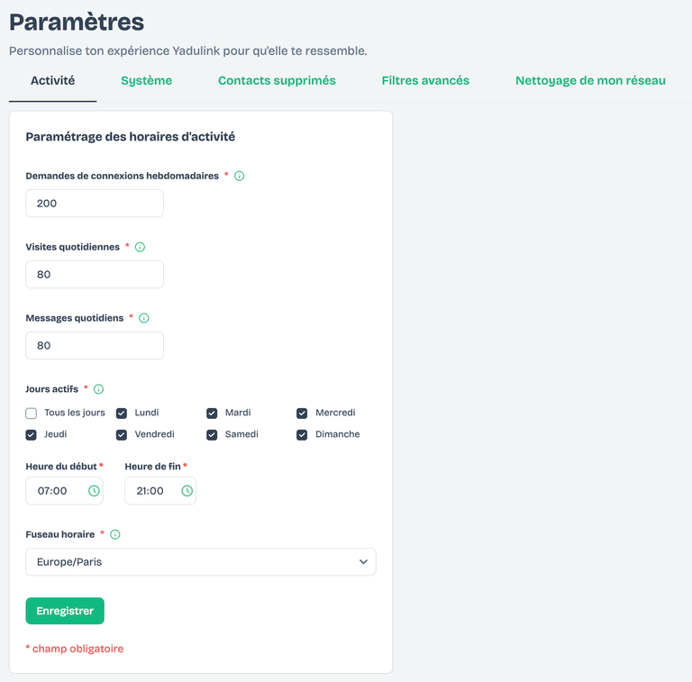 Configuration des horaires d'activité