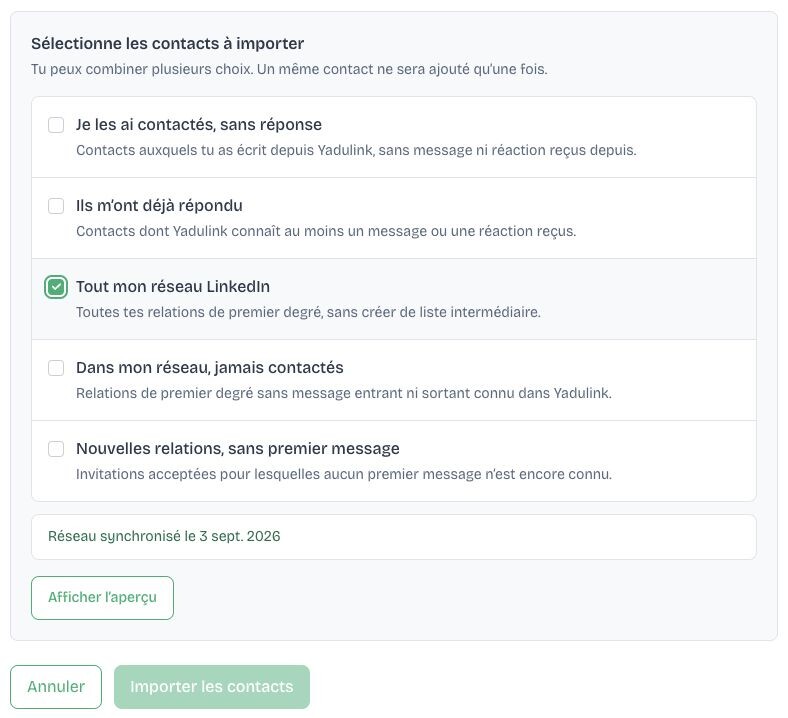 Signal « Tout mon réseau LinkedIn » sélectionné dans Yadulink